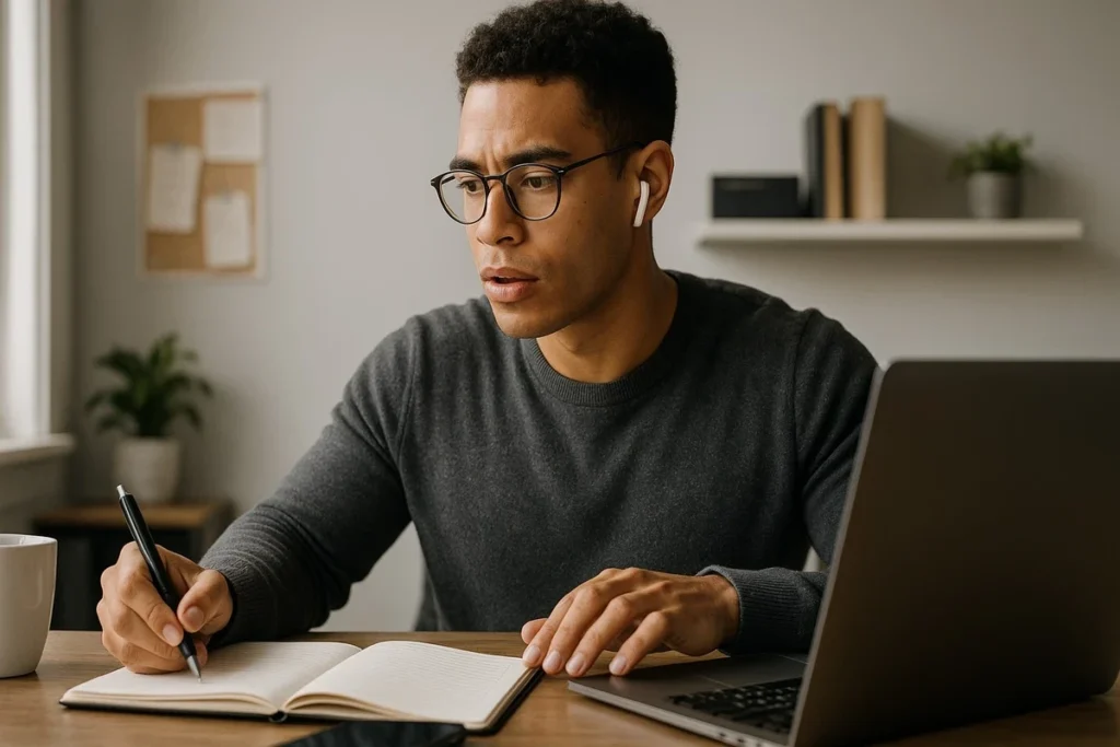 Man using ChatGPT on his laptop while taking notes in a notebook, representing AI-powered productivity and learning