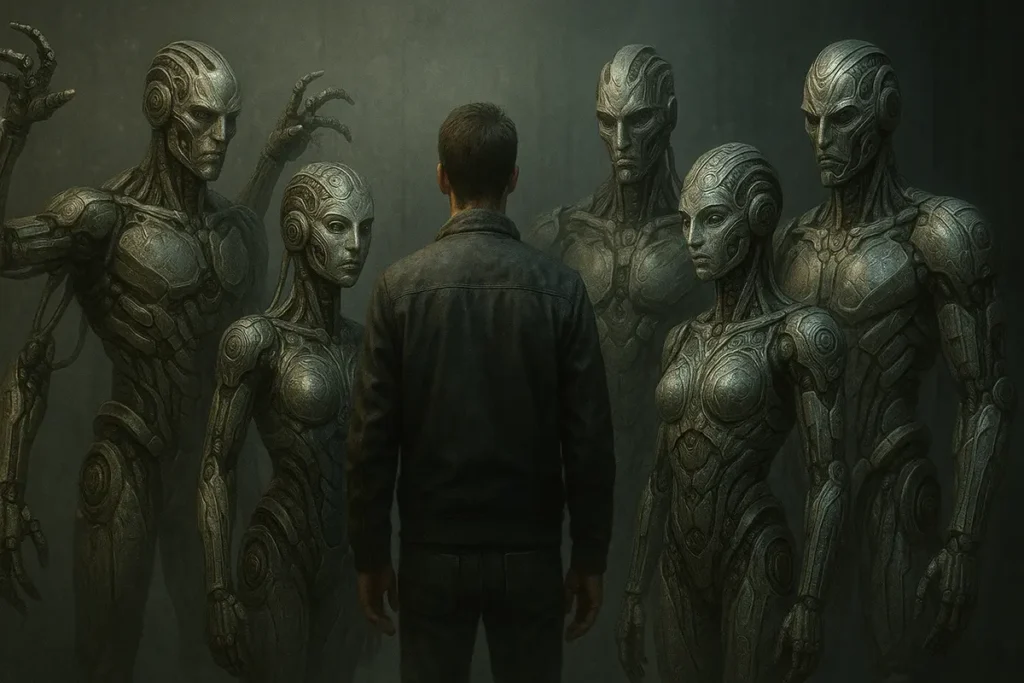 A lone human facing a group of advanced humanoid AI robots with intricate designs, raising the question: Has AI reached its peak or surpassed us?