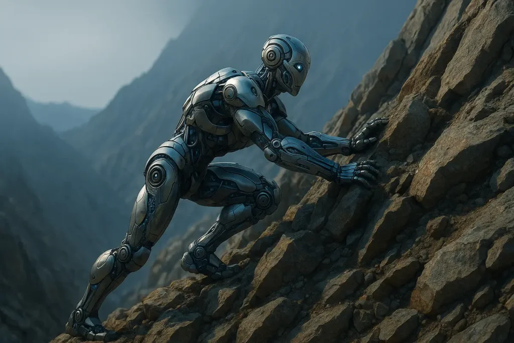 Advanced humanoid AI robot climbing a steep rocky mountain, symbolizing the ongoing struggle and question: Has AI reached its peak?