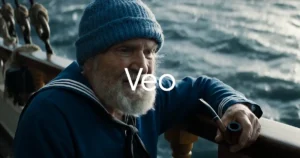 A realistic AI-generated image from Google VEO 3 showing an elderly sailor with a white beard, wearing a blue knit cap and navy uniform, holding a pipe while leaning on a ship's wooden railing with stormy sea in the background. The word "Veo" is displayed in the center.