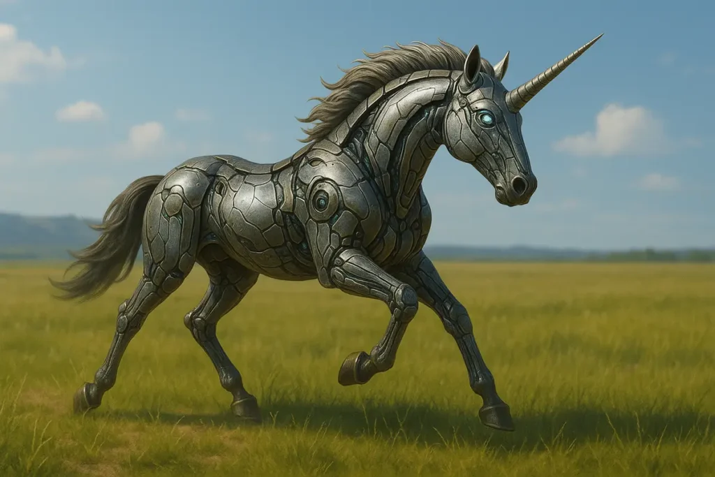 Futuristic AI unicorn made of metallic parts running across a grassy field, symbolizing innovation and the question: Has AI reached its peak?