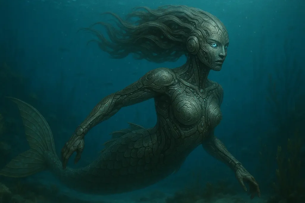 Hyper-realistic AI mermaid with intricate robotic design swimming underwater, symbolizing the question: Has AI reached its peak in unexplored realms?