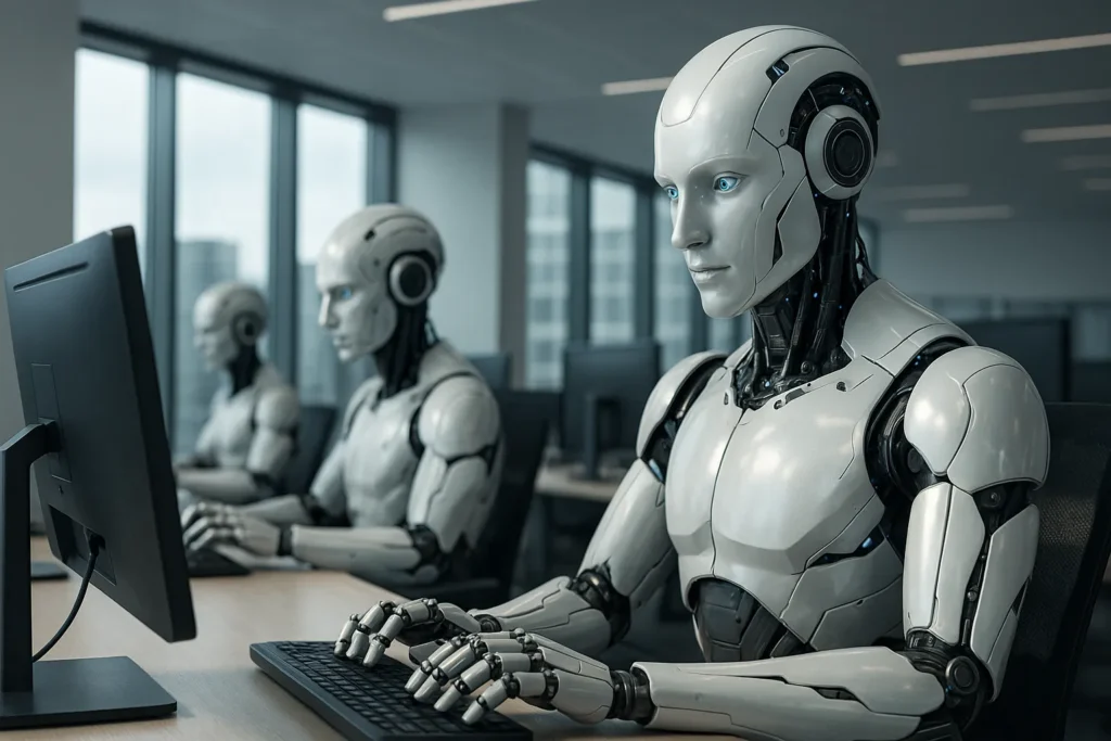 Will AI ever replace us? Number of AI robots working in an office in front of computer